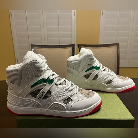New Gucci High Top GG Supreme Logo White Tan Sneaker Shoes Size UK 10 / US 10.5 - Picture 2 of 15